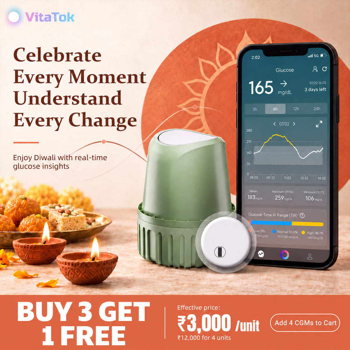 🪔VitaTok CGM Diwali Special Offer – Buy 3 Get 1 Free （Add 4 CGMs to Cart and Use Code DIWALI2026 at Checkout）